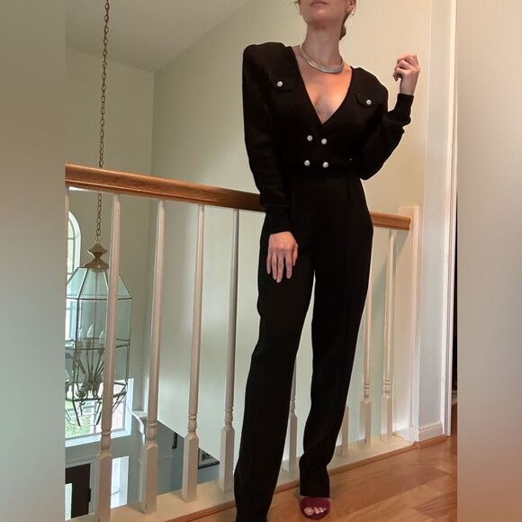 VINTAGE PAT SANDLER Sakowitz Black Knit Jumpsuit Sz 6 Mob Wife 70s 80s Cocktail - Picture 4 of 16